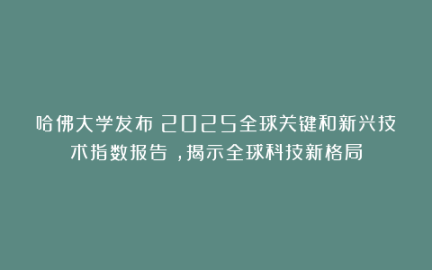 哈佛大学发布《2025全球关键和新兴技术指数报告》，揭示全球科技新格局