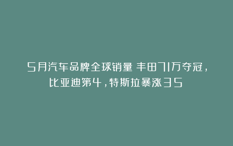 5月汽车品牌全球销量：丰田71万夺冠,比亚迪第4,特斯拉暴涨35%