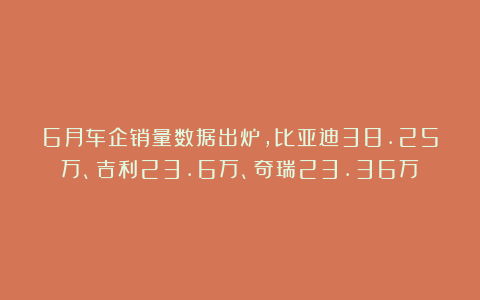 6月车企销量数据出炉,比亚迪38.25万、吉利23.6万、奇瑞23.36万