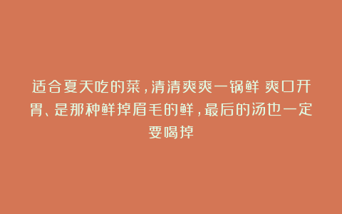 适合夏天吃的菜，清清爽爽一锅鲜！爽口开胃、是那种鲜掉眉毛的鲜，最后的汤也一定要喝掉