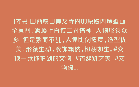 l才男：山西稷山青龙寺内的腰殿西墙壁画全景图，满墙上百位三界诸神，人物形象众多，但是繁而不乱，人体比例适度，造型优美，形象生动，衣饰飘然，栩栩如生。#交换一张你拍到的文物 #古建筑之美 #文物保…