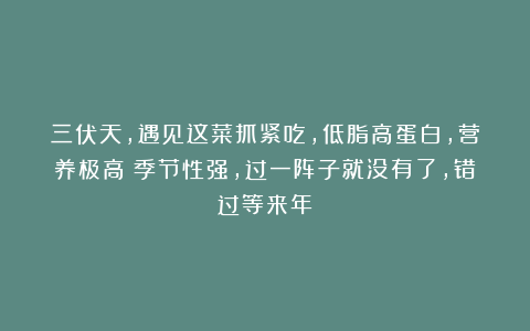三伏天，遇见这菜抓紧吃，低脂高蛋白，营养极高！季节性强，过一阵子就没有了，错过等来年！