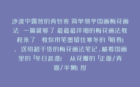沙漠中露营的背包客：简单易学国画梅花画法 一篇就够了！最最最详细的梅花画法教程来了！ 教你用笔墨留住寒冬的「暗香」， 这组超干货的梅花画法笔记，藏着国画里的「冬日浪漫」： 从花瓣的「正面/背面/半侧」形