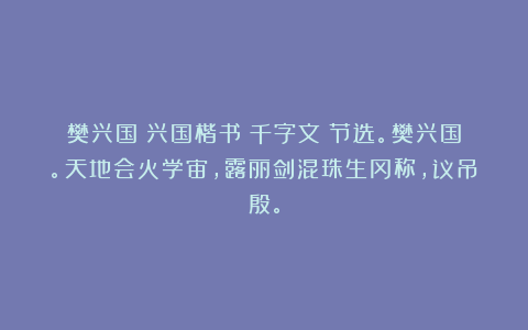 樊兴国：兴国楷书《千字文》节选。樊兴国。天地会火学宙，露丽剑混珠生冈称，议吊殷。