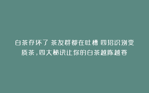 白茶存坏了？茶友群都在吐槽！四招识别变质茶，四大秘诀让你的白茶越陈越香！