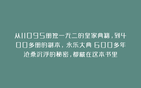 从11095册独一无二的皇家典籍，到400多册的副本，《永乐大典》600多年沧桑沉浮的秘密，都藏在这本书里
