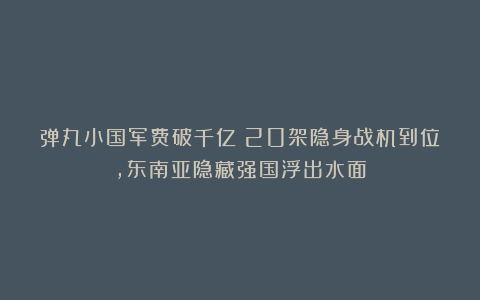 弹丸小国军费破千亿!20架隐身战机到位,东南亚隐藏强国浮出水面