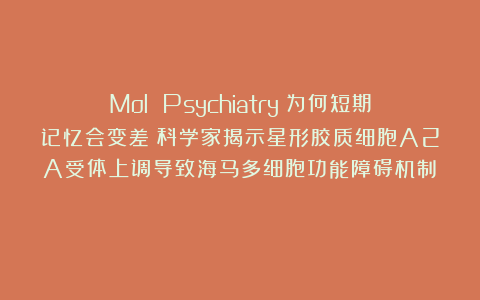 Mol Psychiatry：为何短期记忆会变差？科学家揭示星形胶质细胞A2A受体上调导致海马多细胞功能障碍机制​​
