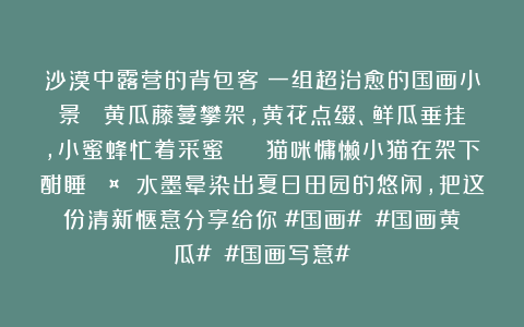 沙漠中露营的背包客：一组超治愈的国画小景✨ 黄瓜藤蔓攀架，黄花点缀、鲜瓜垂挂，小蜜蜂忙着采蜜🐝 猫咪慵懒小猫在架下酣睡💤 水墨晕染出夏日田园的悠闲，把这份清新惬意分享给你～#国画# #国画黄瓜# #国画写意#
