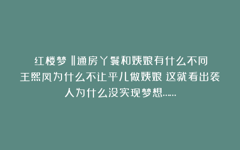 《红楼梦》‖通房丫鬟和姨娘有什么不同？王熙凤为什么不让平儿做姨娘？这就看出袭人为什么没实现梦想……