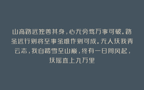 山高路远独善其身，心无旁骛万事可破。路虽远行则将至事虽难作则可成。无人扶我青云志，我自踏雪至山巅，终有一日同风起，扶摇直上九万里