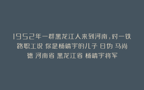 1952年一群黑龙江人来到河南，对一铁路职工说：你是杨靖宇的儿子|日伪|马尚德|河南省|黑龙江省|杨靖宇将军