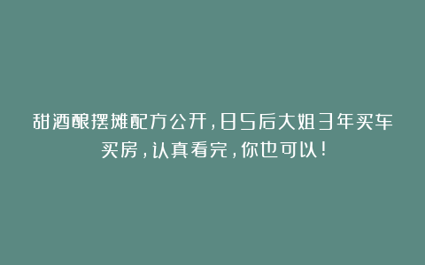 甜酒酿摆摊配方公开，85后大姐3年买车买房，认真看完，你也可以!