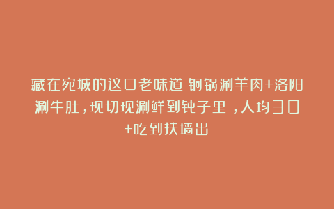 藏在宛城的这口老味道！铜锅涮羊肉+洛阳涮牛肚，现切现涮鲜到骨子里～，人均30+吃到扶墙出！