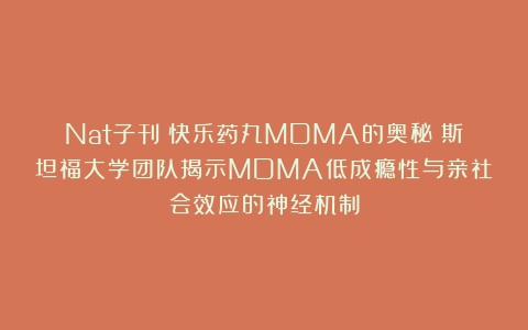 Nat子刊丨快乐药丸MDMA的奥秘：斯坦福大学团队揭示MDMA低成瘾性与亲社会效应的神经机制