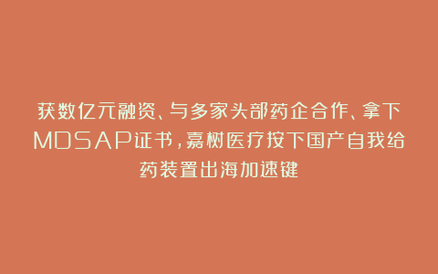 获数亿元融资、与多家头部药企合作、拿下MDSAP证书，嘉树医疗按下国产自我给药装置出海加速键