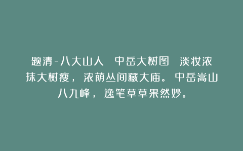 题清-八大山人 《中岳大树图》 淡妆浓抹大树瘦， 浓荫丛间藏大庙。 中岳嵩山八九峰， 逸笔草草果然妙。
