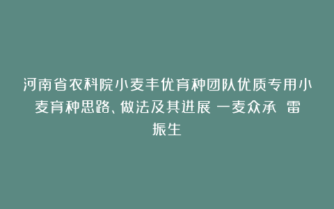 河南省农科院小麦丰优育种团队优质专用小麦育种思路、做法及其进展（一麦众承 雷振生）