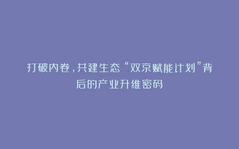打破内卷，共建生态：“双京赋能计划”背后的产业升维密码