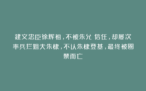 建文忠臣徐辉祖，不被朱允炆信任，却屡次率兵拦姐夫朱棣，不认朱棣登基，最终被圈禁而亡