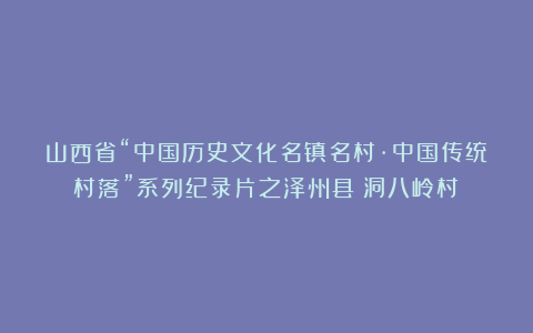 山西省“中国历史文化名镇名村·中国传统村落”系列纪录片之泽州县《洞八岭村》