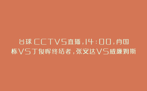 台球|CCTV5直播，14:00，肖国栋VS丁俊晖终结者，张安达VS威廉姆斯