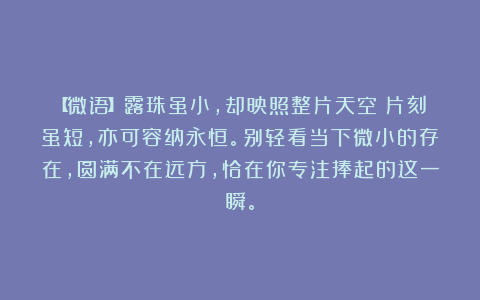 【微语】露珠虽小，却映照整片天空；片刻虽短，亦可容纳永恒。别轻看当下微小的存在，圆满不在远方，恰在你专注捧起的这一瞬。