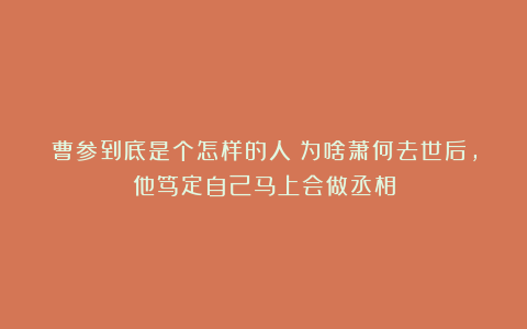 曹参到底是个怎样的人？为啥萧何去世后，他笃定自己马上会做丞相
