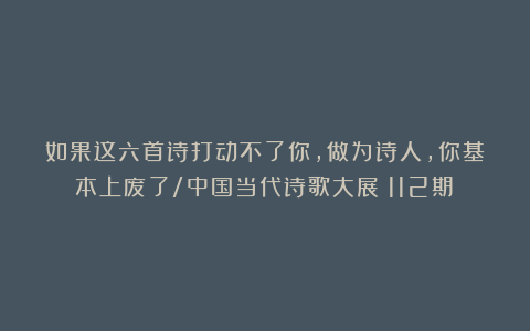 如果这六首诗打动不了你,做为诗人,你基本上废了/中国当代诗歌大展(112期)