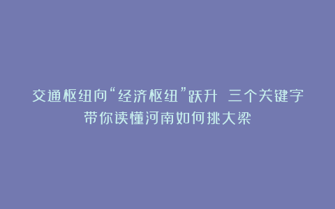 交通枢纽向“经济枢纽”跃升 三个关键字带你读懂河南如何挑大梁