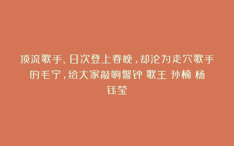顶流歌手、8次登上春晚，却沦为走穴歌手的毛宁，给大家敲响警钟|歌王|孙楠|杨钰莹
