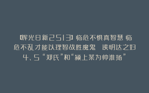 【辉光日新2513】临危不惧真智慧：临危不乱才能以理智战胜魔鬼 （读明达之妇4、5：“郑氏”和“颍上某为帅淮扬”）