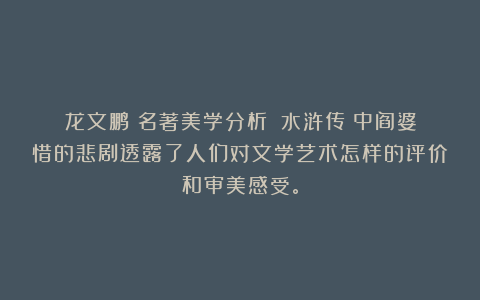 龙文鹏｜名著美学分析：《水浒传》中阎婆惜的悲剧透露了人们对文学艺术怎样的评价和审美感受。