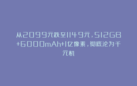 从2099元跌至1149元，512GB+6000mAh+1亿像素，彻底沦为千元机！