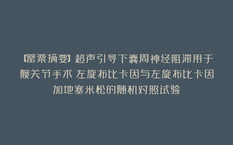 【罂粟摘要】超声引导下囊周神经阻滞用于髋关节手术：左旋布比卡因与左旋布比卡因加地塞米松的随机对照试验