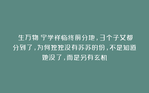 《生万物》宁学祥临终前分地，3个子女都分到了，为何独独没有苏苏的份，不是知道她没了，而是另有玄机