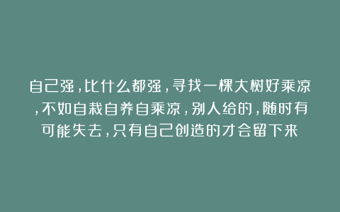 自己强，比什么都强，寻找一棵大树好乘凉，不如自栽自养自乘凉，别人给的，随时有可能失去，只有自己创造的才会留下来！