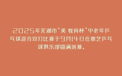 2025年芜湖市“美垚教育杯”中老年乒乓球混合双打比赛于9月14日在鼎艺乒乓球俱乐部圆满落幕。