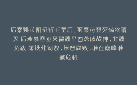 后秦姚苌阴招斩毛皇后，前秦苻登死磕终覆灭；后燕慕容垂灭翟魏平西燕成战神，北魏拓跋珪屠铁弗匈奴，东晋腐败，谁在巅峰谁藏危机？