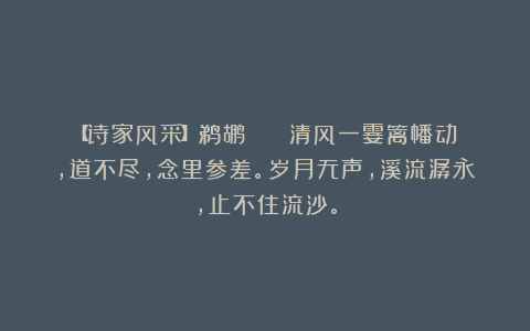 【诗家风采】鹈鹕 || 清风一霎篱幡动，道不尽，念里参差。岁月无声，溪流潺永，止不住流沙。