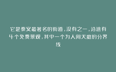 它是泰安最著名的街道，没有之一，沿途有4个免费景观，其中一个为人间天庭的分界线