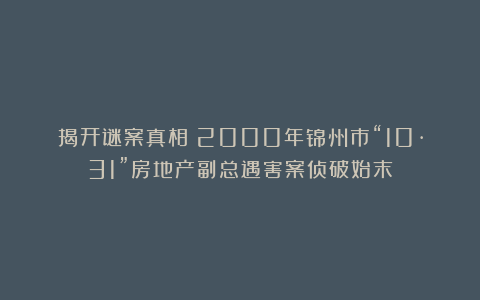 揭开谜案真相！2000年锦州市“10·31”房地产副总遇害案侦破始末