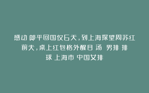 感动！郎平回国仅6天，到上海探望周苏红前夫，桌上红包格外醒目|汤淼|男排|排球|上海市|中国女排