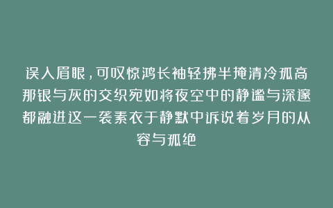 误入眉眼，可叹惊鸿长袖轻拂半掩清冷孤高那银与灰的交织宛如将夜空中的静谧与深邃都融进这一袭素衣于静默中诉说着岁月的从容与孤绝