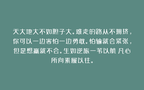 天大地大不如胆子大。难走的路从不拥挤，你可以一边害怕一边勇敢。怕输就会紧张，但是想赢就不会。生如逆旅一苇以航；凡心所向素履以往。