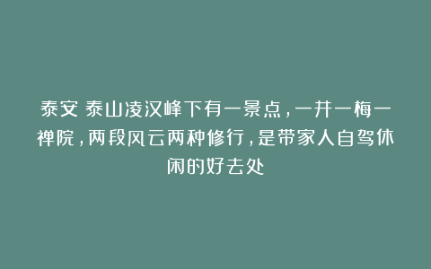 泰安：泰山凌汉峰下有一景点，一井一梅一禅院，两段风云两种修行，是带家人自驾休闲的好去处