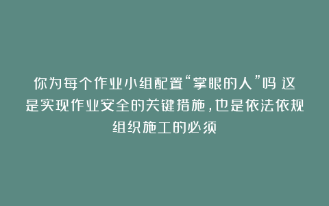 你为每个作业小组配置“掌眼的人”吗？这是实现作业安全的关键措施，也是依法依规组织施工的必须！