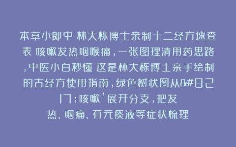 本草小郎中：林大栋博士亲制十二经方速查表！咳嗽发热咽喉痛，一张图理清用药思路，中医小白秒懂！这是林大栋博士亲手绘制的古经方使用指南，绿色树状图从’咳嗽’展开分支，把发热、咽痛、有无痰液等症状梳理