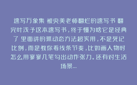 速写万象集：被央美老师翻烂的速写书！翻完叶浅予这本速写书，终于懂为啥它是经典了！里面讲的抓动态方法超实用，不是死记比例，而是教你看线条节奏，比如画人物时怎么用寥寥几笔勾出动作张力。还有对生活场景…