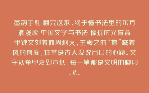 墨韵手札:翻完这本,终于懂书法里的东方浪漫读《中国文字与书法》像拆时光盲盒:甲骨文刻着商周烟火,王羲之的“捺”藏着风的弧度,狂草是古人没说出口的心跳。文字从龟甲走到宣纸,每一笔都是文明的脚印。#…